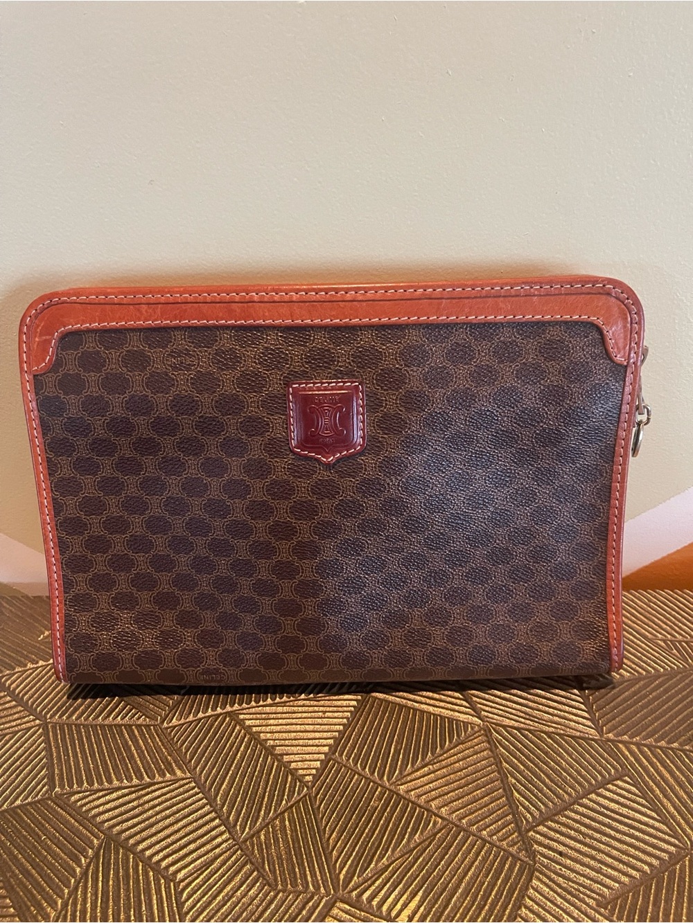 Vintage Celine Brown Patterned Leather Zip Pouch/Clutch Cognac Trim